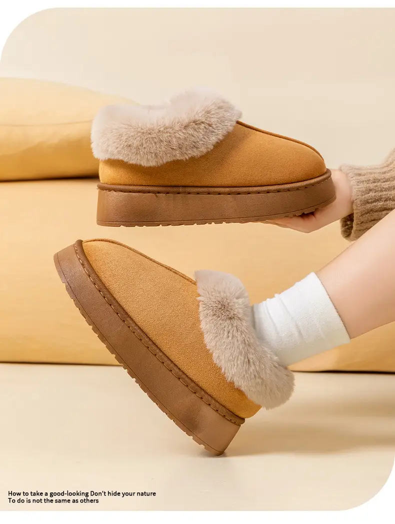 Women Warm Velvet Cotton Snow Slippers Beige — feature 3