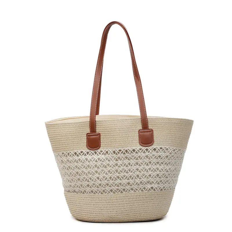 Large Capacity Straw Woven Women's Bag with Leather Handles - Image 7