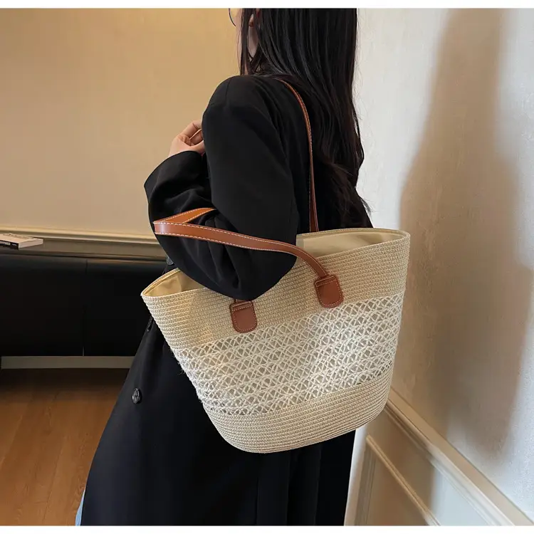 Large Capacity Straw Woven Women's Bag with Leather Handles — feature 13