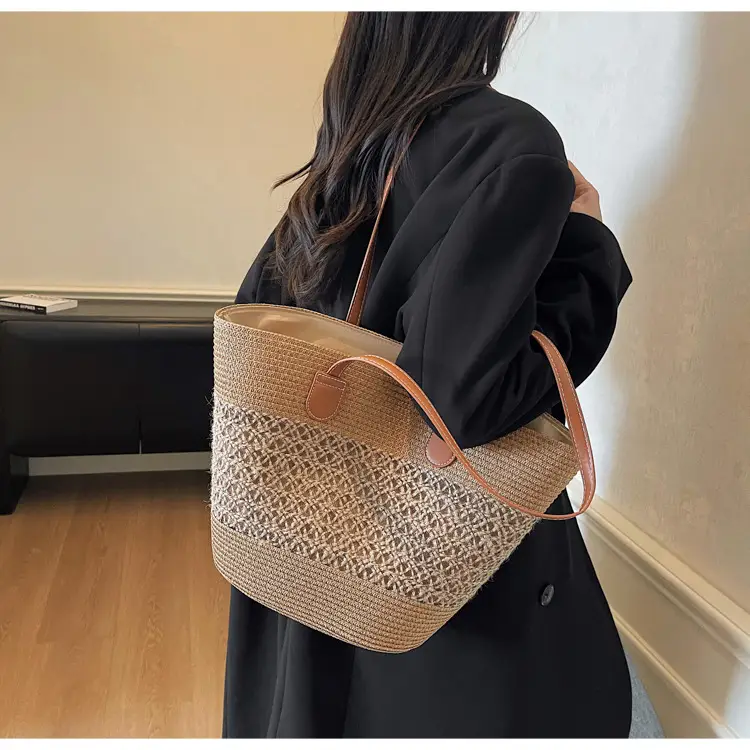 Large Capacity Straw Woven Women's Bag with Leather Handles — feature 22