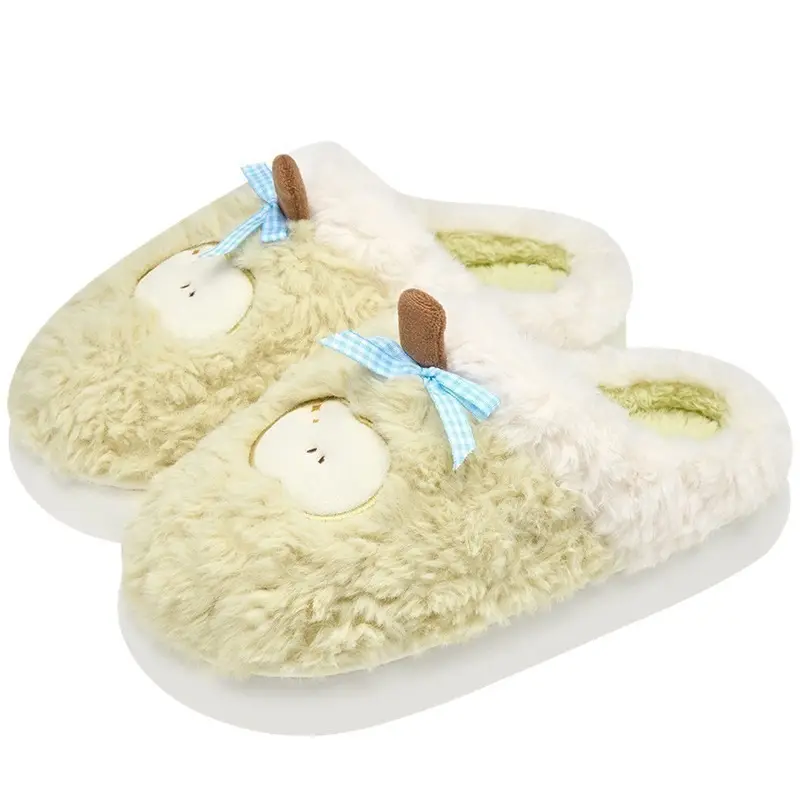 Women Pink Plush Bow Slippers Winter Warm Indoor