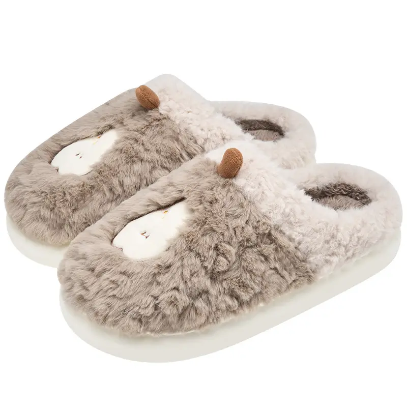 Women Pink Plush Bow Slippers Winter Warm Indoor