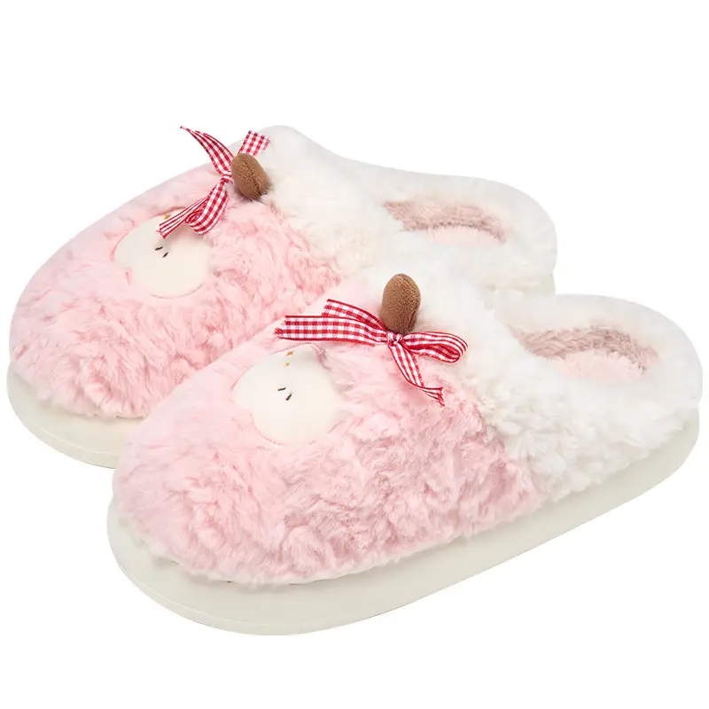 Women Pink Plush Bow Slippers Winter Warm Indoor