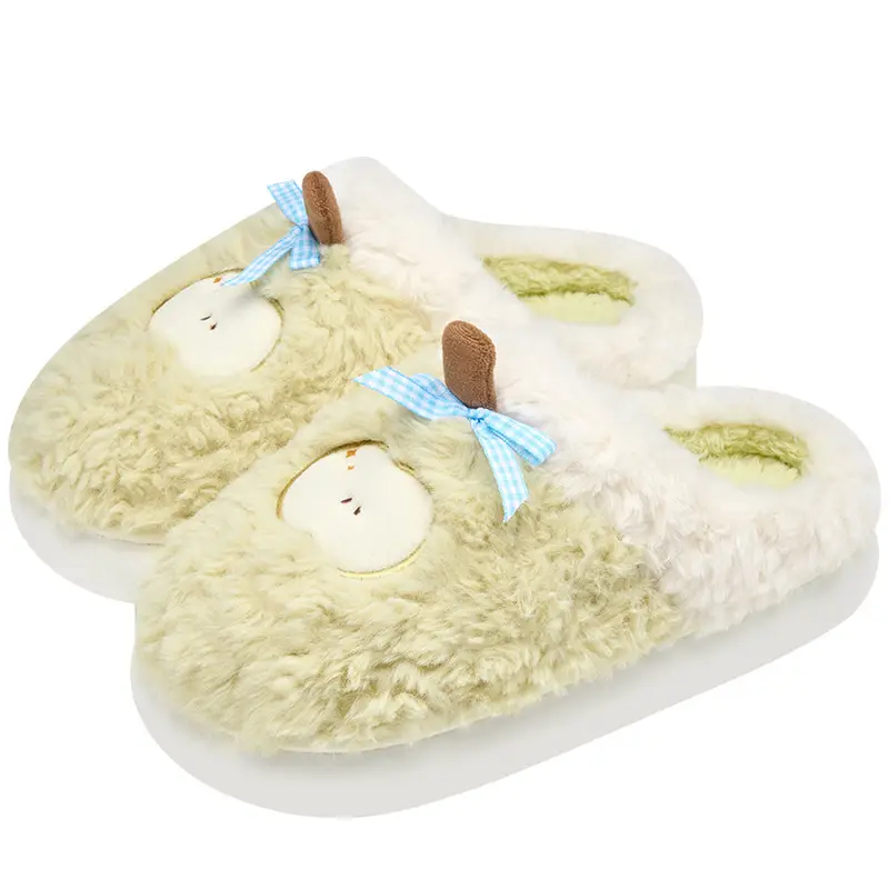 Women Pink Plush Bow Slippers Winter Warm Indoor