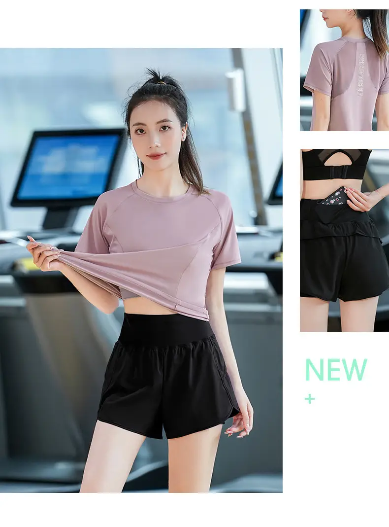 Sports Short-Sleeved T-Shirt Women's Summer Thin Running Training Fitness Suit Quick-Drying Large Size Fat mm High Elastic Yoga Top — feature 10