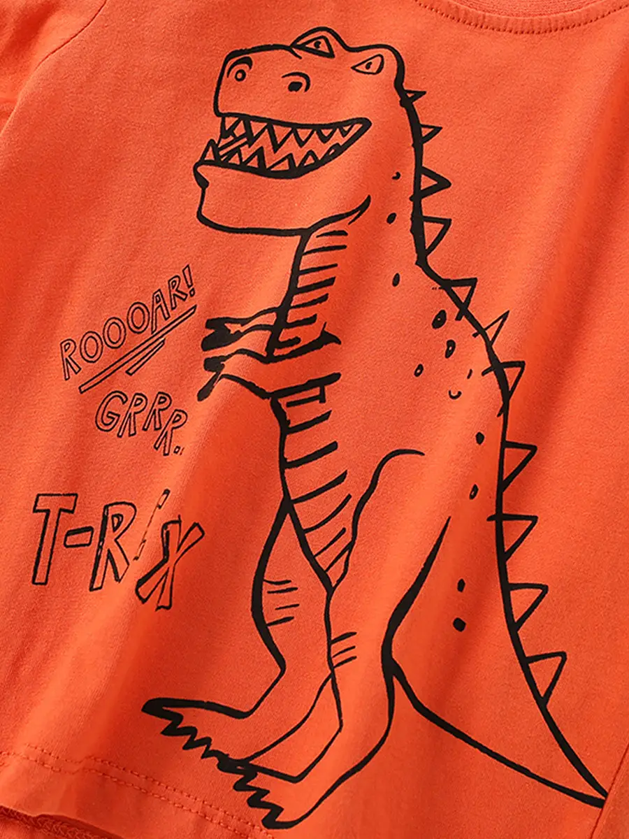 Dinosaur Print Boys Sweatshirt Orange Round Neck