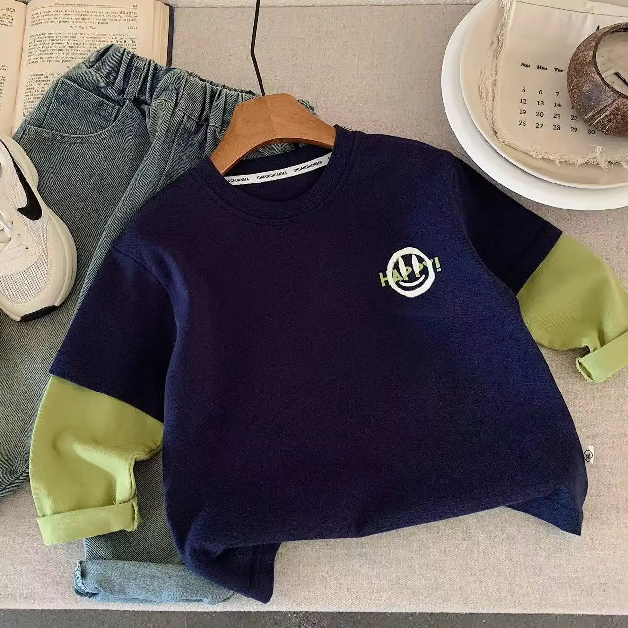 Kids Base Layer Shirt Smiley Face Color Matching Long Sleeve