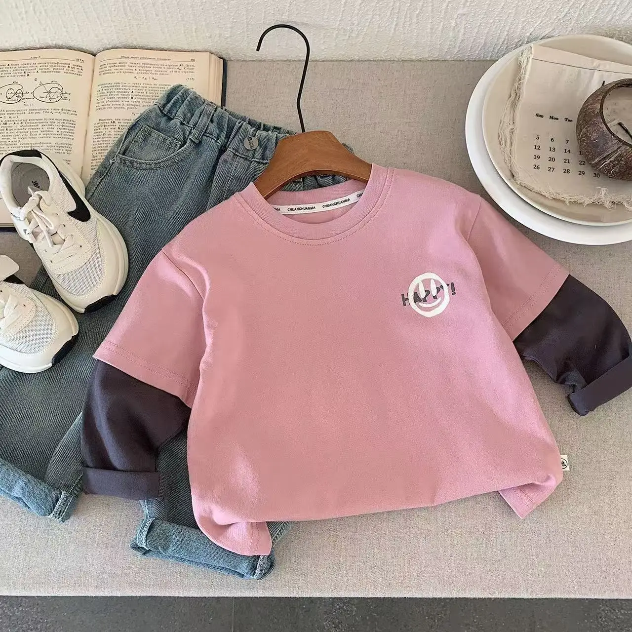 Kids Base Layer Shirt Smiley Face Color Matching Long Sleeve