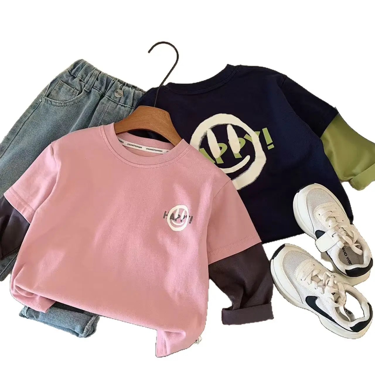 Kids Base Layer Shirt Smiley Face Color Matching Long Sleeve