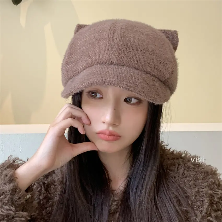 White Korean Cat Ears Windproof Cap for Women - Image 4