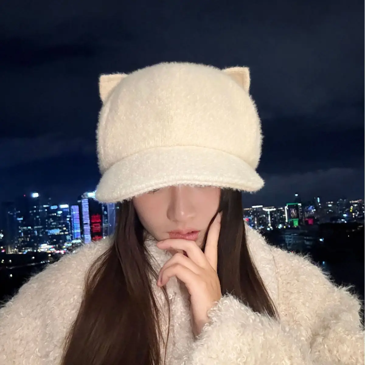 White Korean Cat Ears Windproof Cap for Women - Image 5