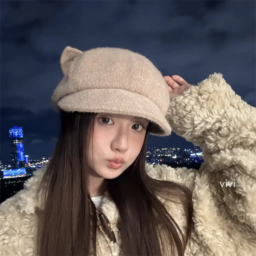 White Korean Cat Ears Windproof Cap for Women - Image 3