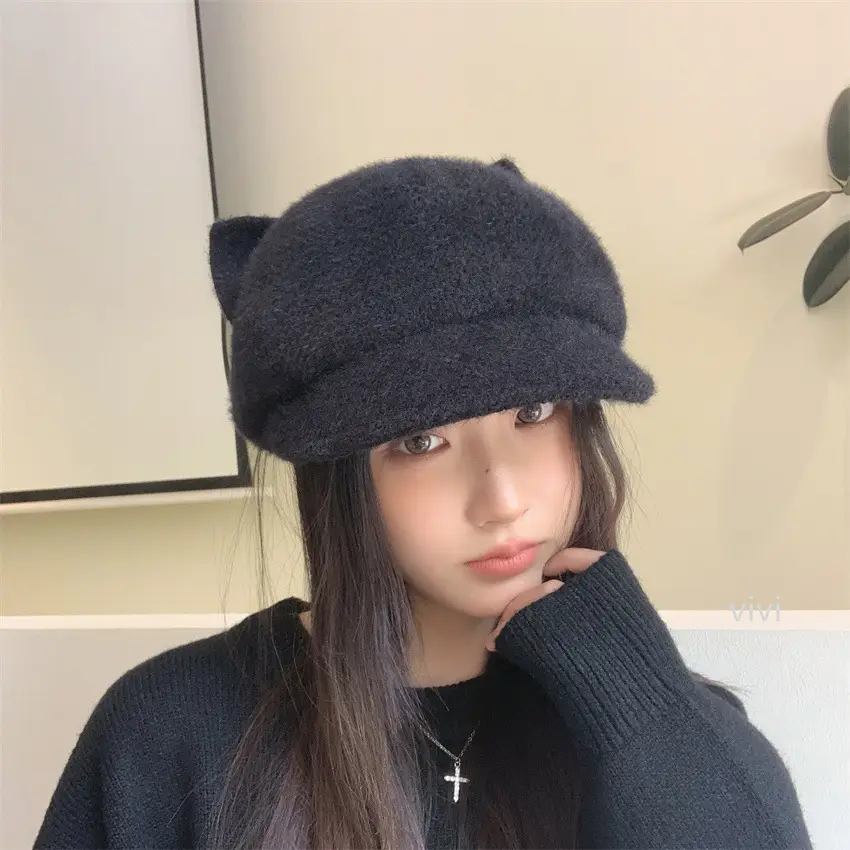 White Korean Cat Ears Windproof Cap for Women - Image 6