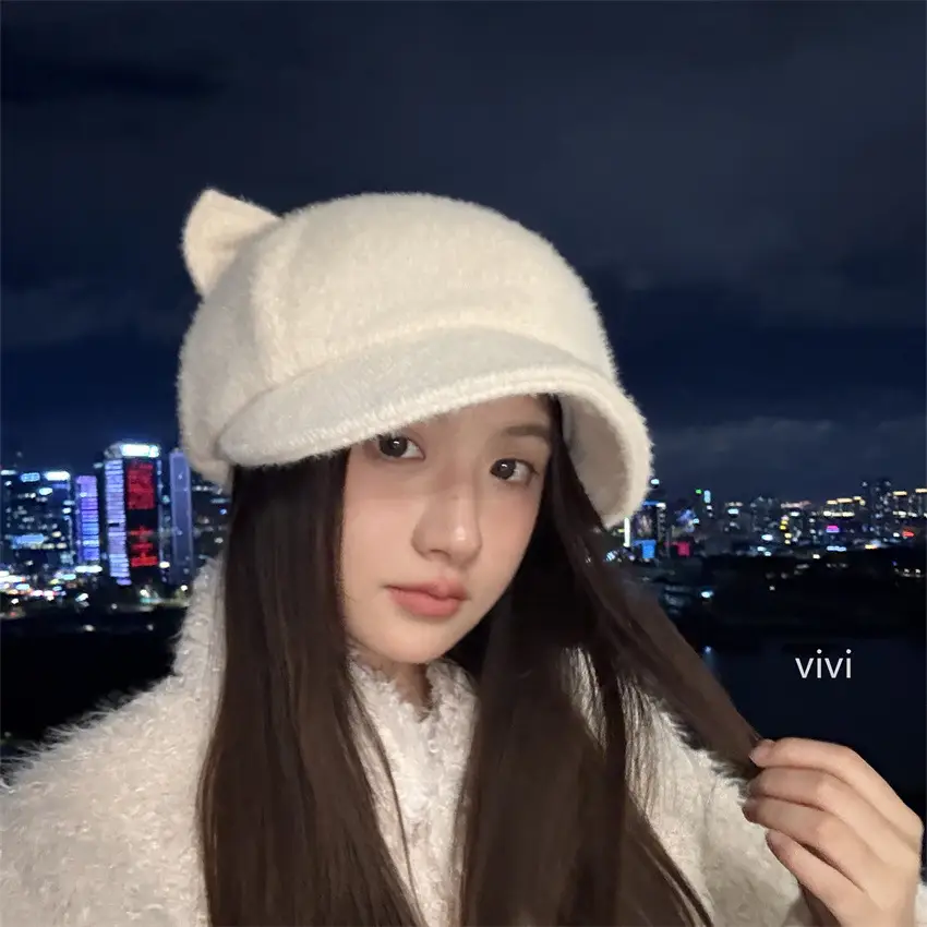White Korean Cat Ears Windproof Cap for Women - Image 2