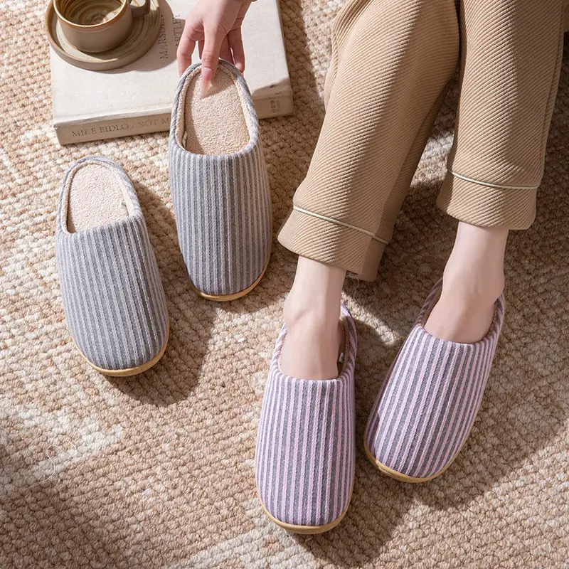 Autumn and Winter Home Cotton Slippers for Couples Floor Silent Japanese Style Men's All-Season Soft-Soled Non-Slip Women's Machine Washable Indoor Slippers