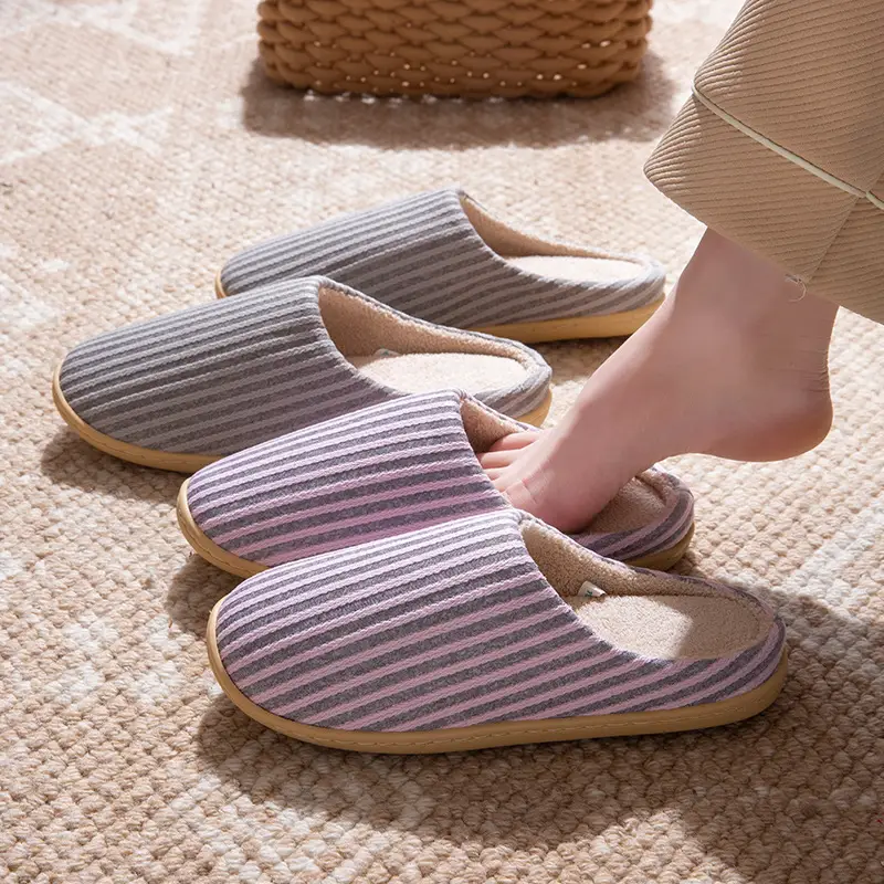 Autumn and Winter Home Cotton Slippers for Couples Floor Silent Japanese Style Men's All-Season Soft-Soled Non-Slip Women's Machine Washable Indoor Slippers
