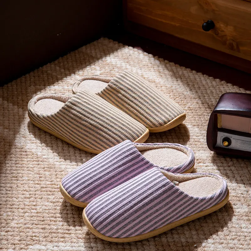 Autumn and Winter Home Cotton Slippers for Couples Floor Silent Japanese Style Men's All-Season Soft-Soled Non-Slip Women's Machine Washable Indoor Slippers