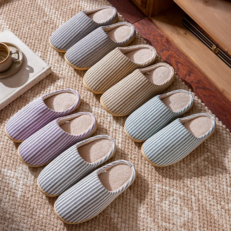 Autumn and Winter Home Cotton Slippers for Couples Floor Silent Japanese Style Men's All-Season Soft-Soled Non-Slip Women's Machine Washable Indoor Slippers