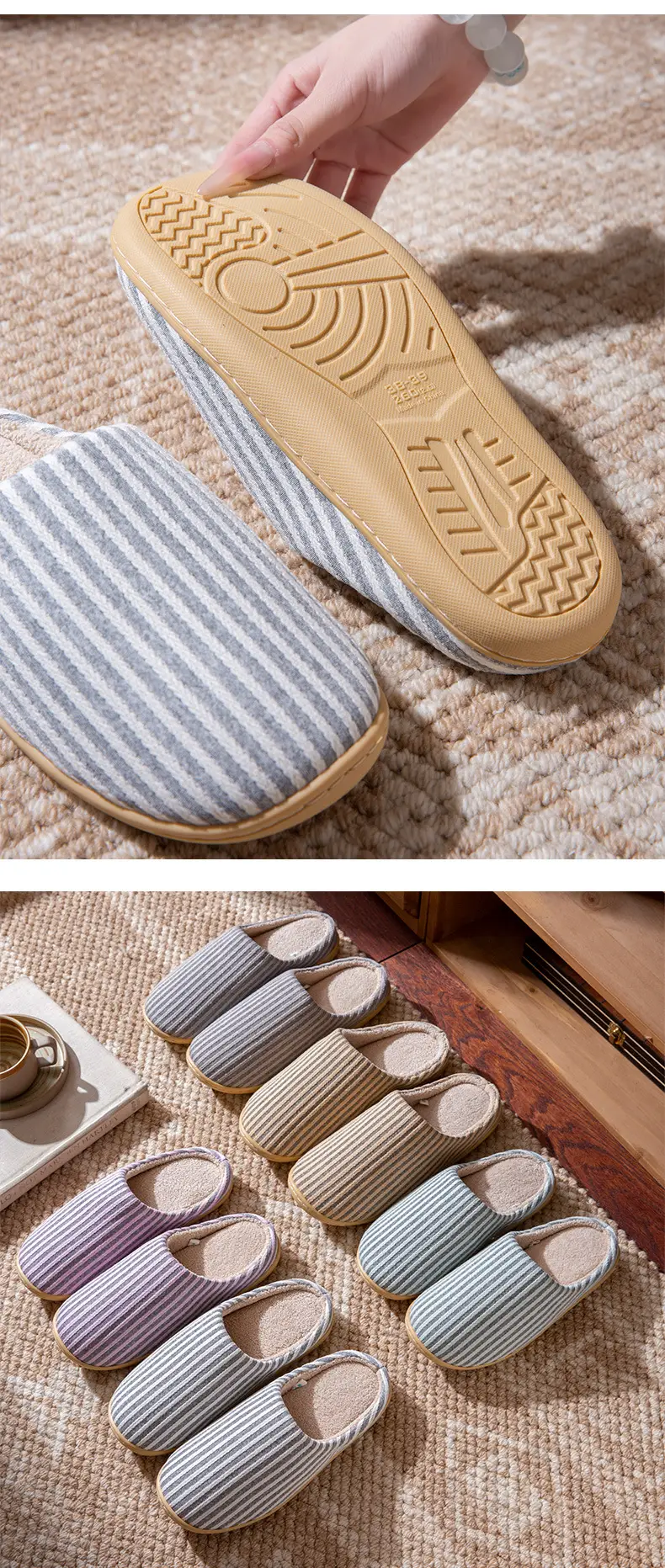 Autumn and Winter Home Cotton Slippers for Couples Floor Silent Japanese Style Men's All-Season Soft-Soled Non-Slip Women's Machine Washable Indoor Slippers — feature 10