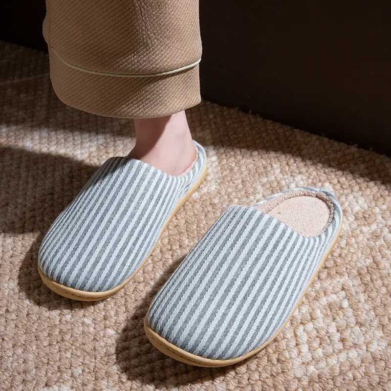 Autumn and Winter Home Cotton Slippers for Couples Floor Silent Japanese Style Men's All-Season Soft-Soled Non-Slip Women's Machine Washable Indoor Slippers