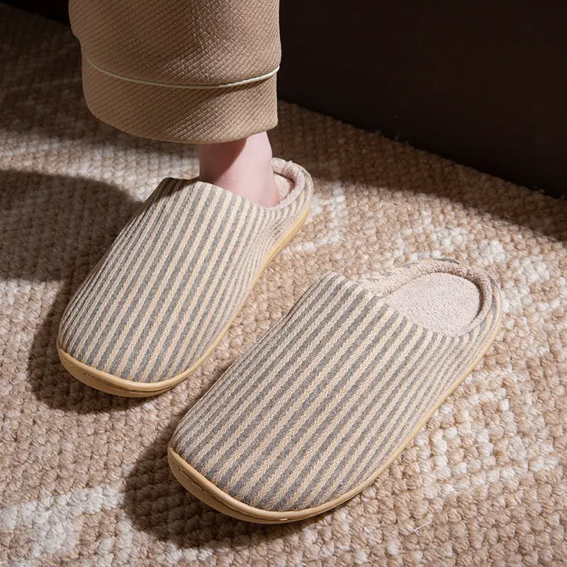 Autumn and Winter Home Cotton Slippers for Couples Floor Silent Japanese Style Men's All-Season Soft-Soled Non-Slip Women's Machine Washable Indoor Slippers