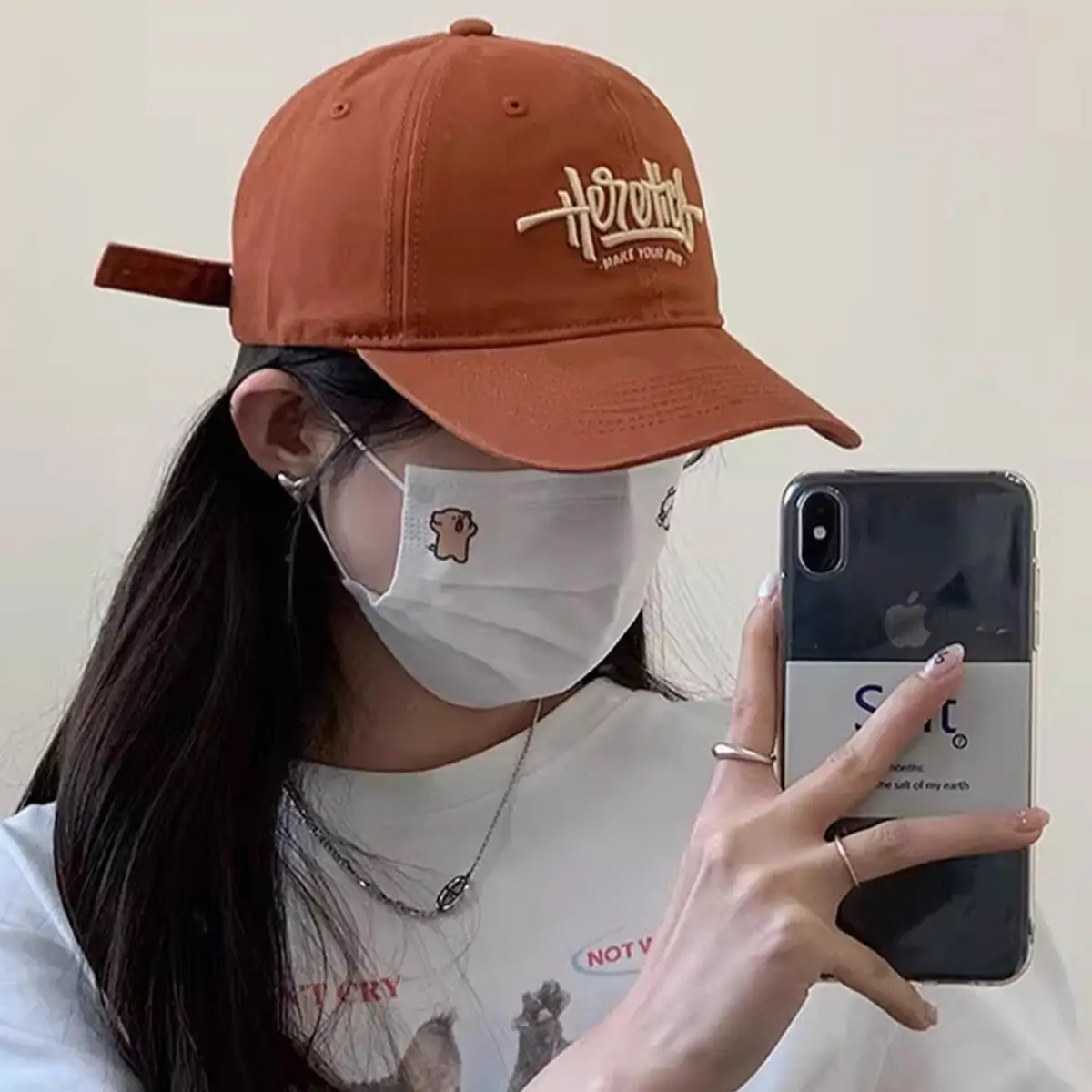 Heroic Letter Embroidered Duckbill Cap for Women Brown