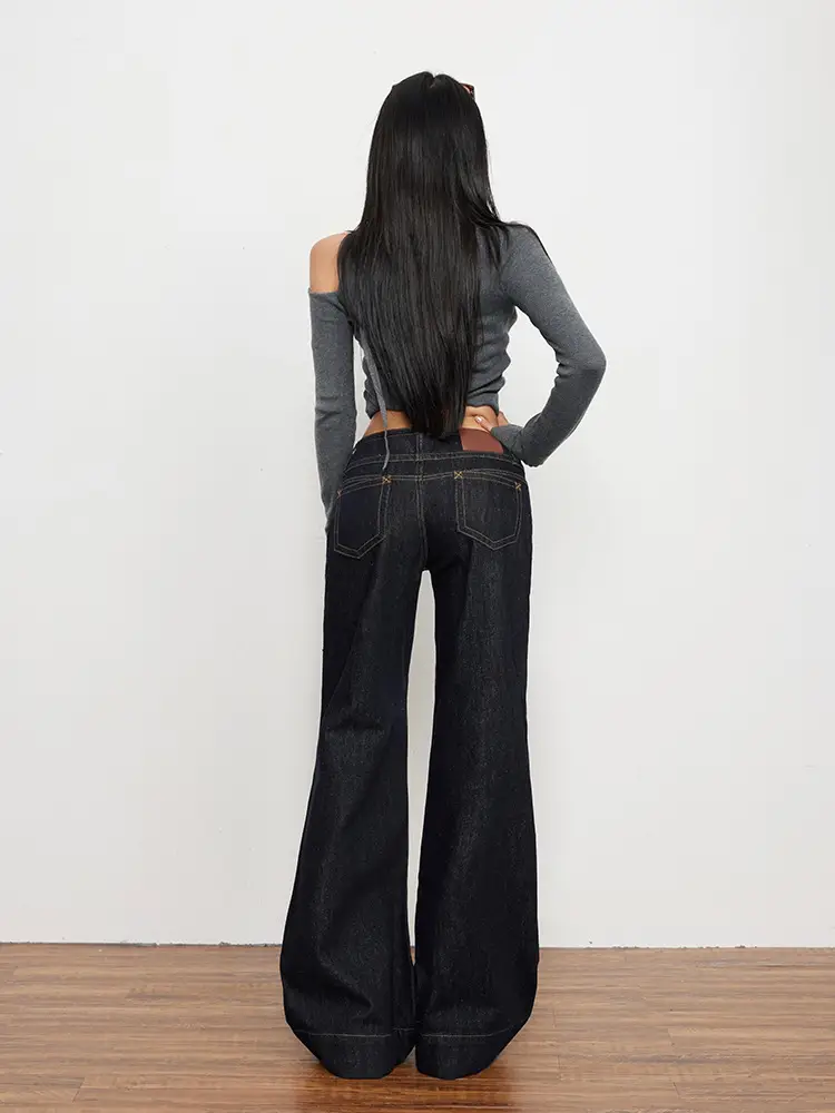 Women Flared Jeans Dark Blue Autumn Loose Slimming