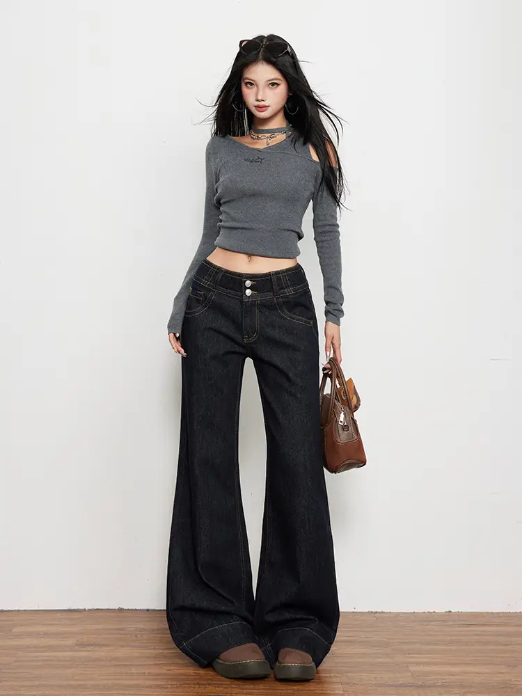 Women Flared Jeans Dark Blue Autumn Loose Slimming