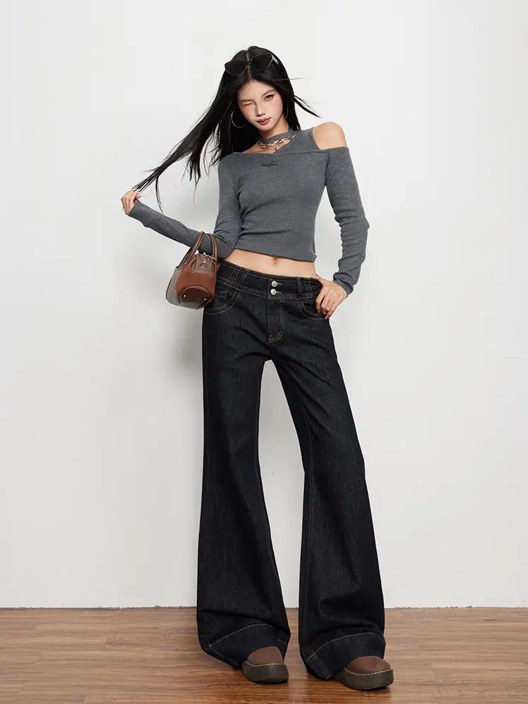 Women Flared Jeans Dark Blue Autumn Loose Slimming