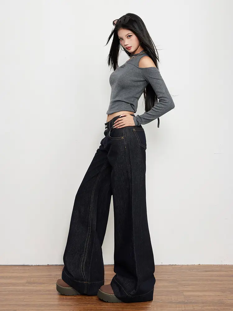 Women Flared Jeans Dark Blue Autumn Loose Slimming