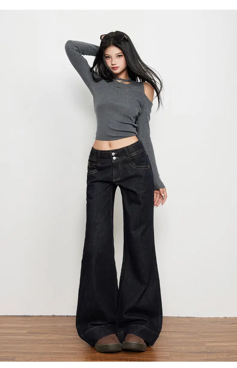 Women Flared Jeans Dark Blue Autumn Loose Slimming — feature 11
