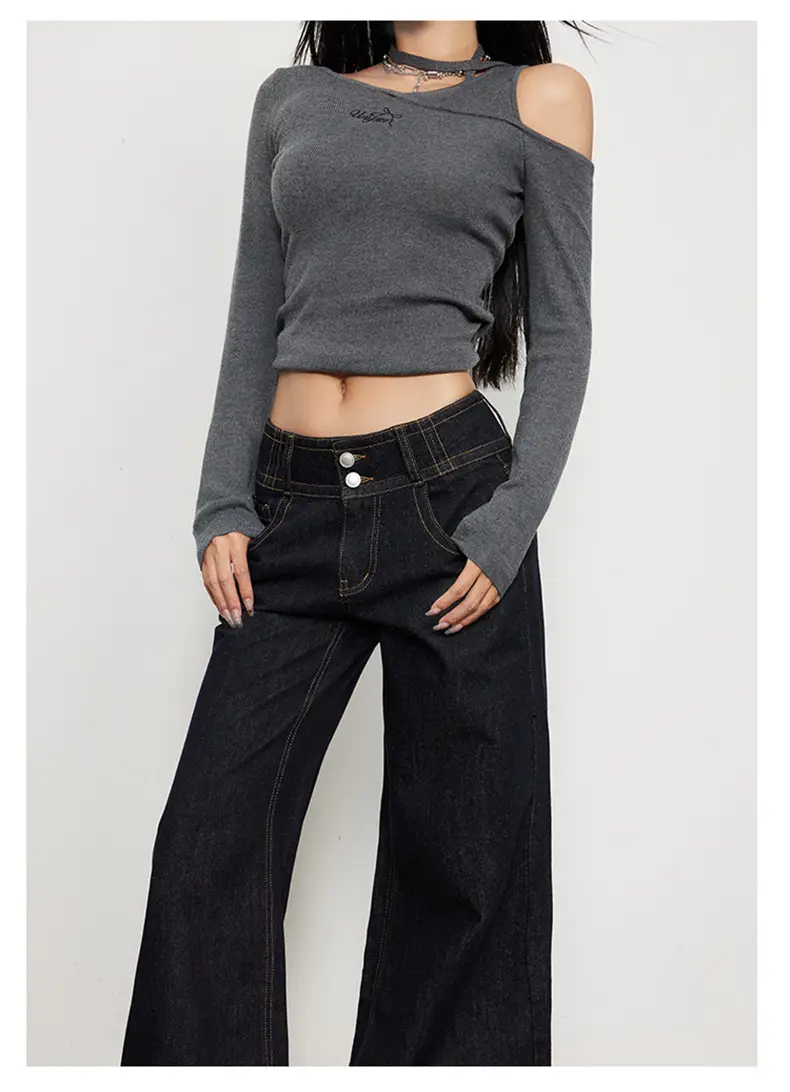 Women Flared Jeans Dark Blue Autumn Loose Slimming — feature 13