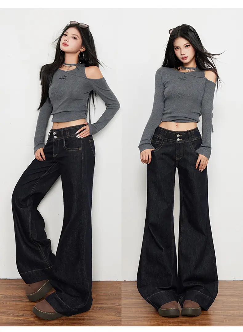 Women Flared Jeans Dark Blue Autumn Loose Slimming — feature 14