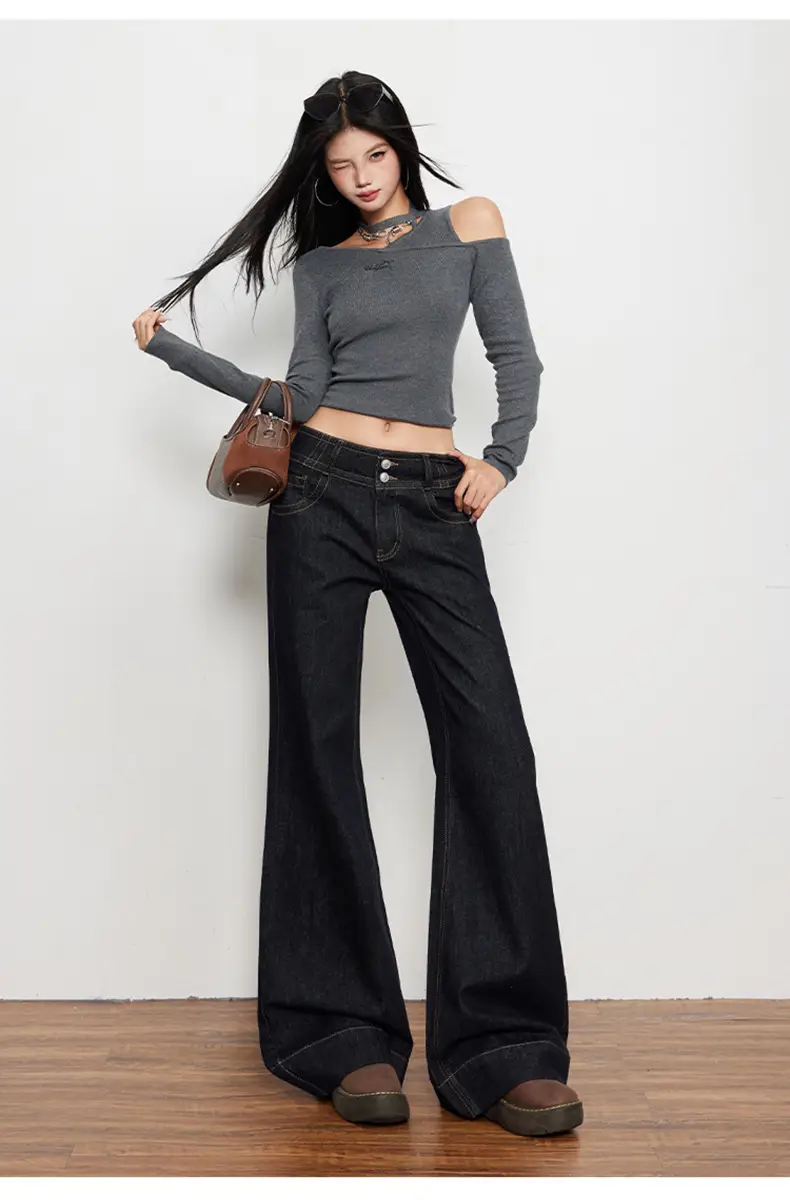 Women Flared Jeans Dark Blue Autumn Loose Slimming — feature 9