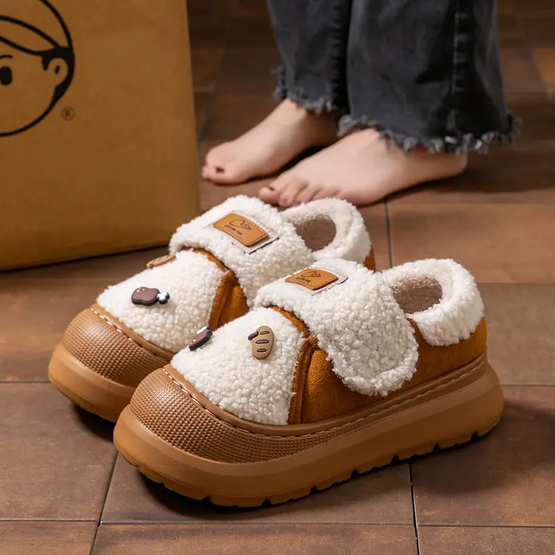 Lamb Wool Heel-Covering Cotton Slippers for Women, Autumn and Winter Versatile Thick-Soled Non-Slip Warm Plush Thickened Fashion Cotton Shoes - Image 5