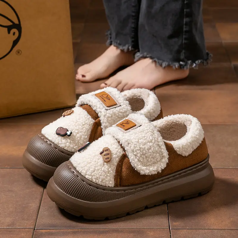 Lamb Wool Heel-Covering Cotton Slippers for Women, Autumn and Winter Versatile Thick-Soled Non-Slip Warm Plush Thickened Fashion Cotton Shoes - Image 3