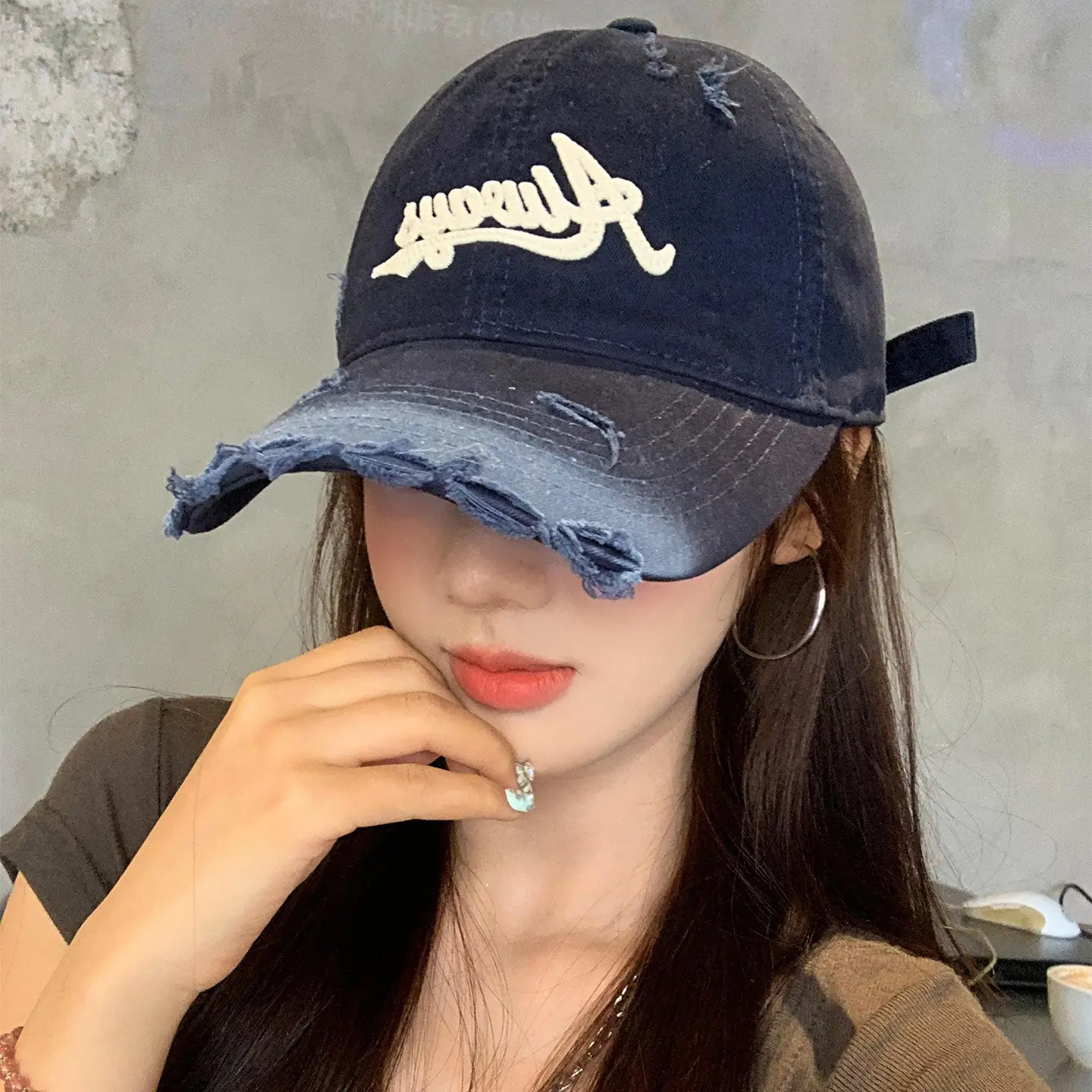 Pink Distressed Letter Embroidered Baseball Cap for Women