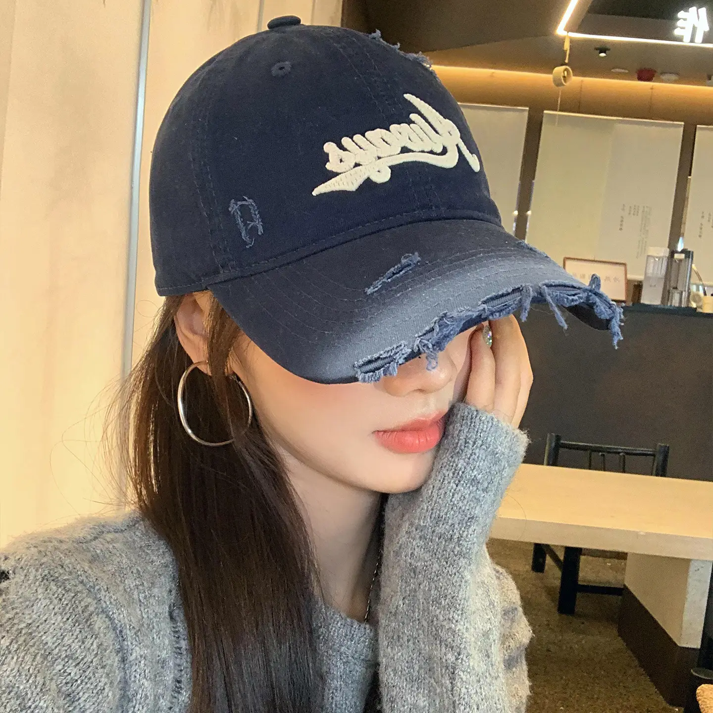 Pink Distressed Letter Embroidered Baseball Cap for Women