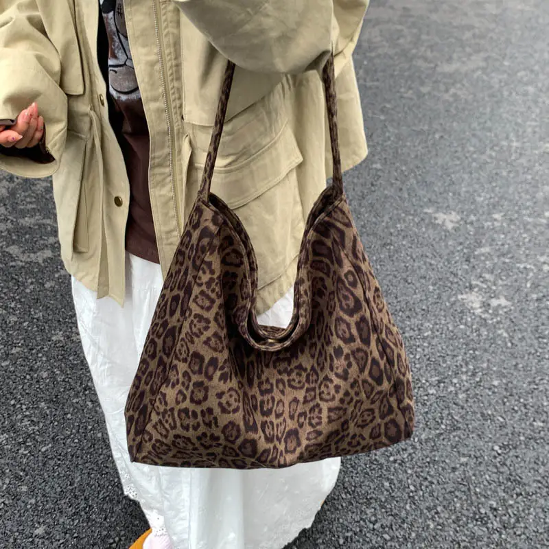 Women Leopard Print Large Tote Bag Retro Frosted Commuter Shoulder