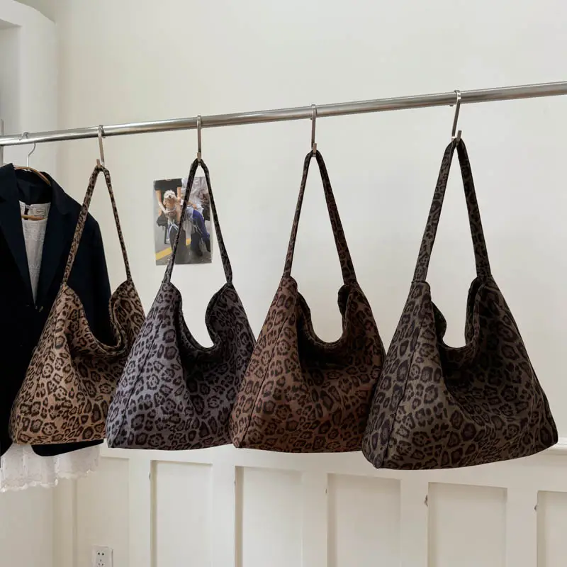Women Leopard Print Large Tote Bag Retro Frosted Commuter Shoulder