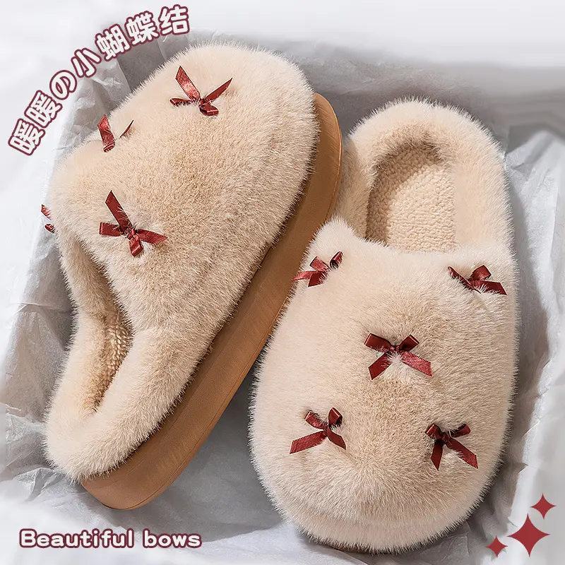 Pink Bow Cotton Slippers for Women Autumn Winter 2025