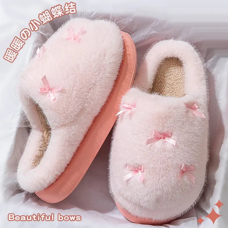 Pink Bow Cotton Slippers for Women Autumn Winter 2025