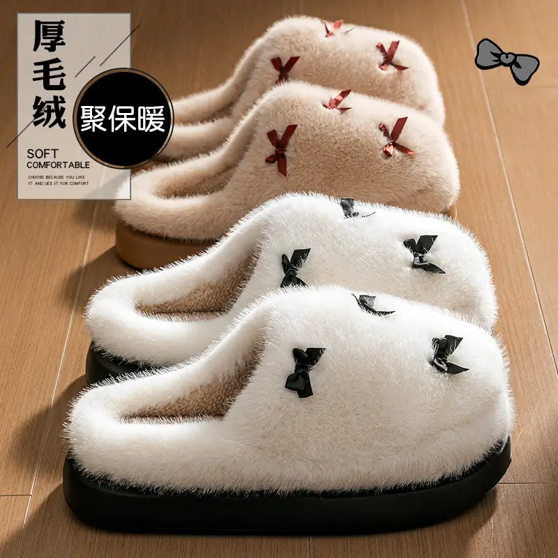 Pink Bow Cotton Slippers for Women Autumn Winter 2025