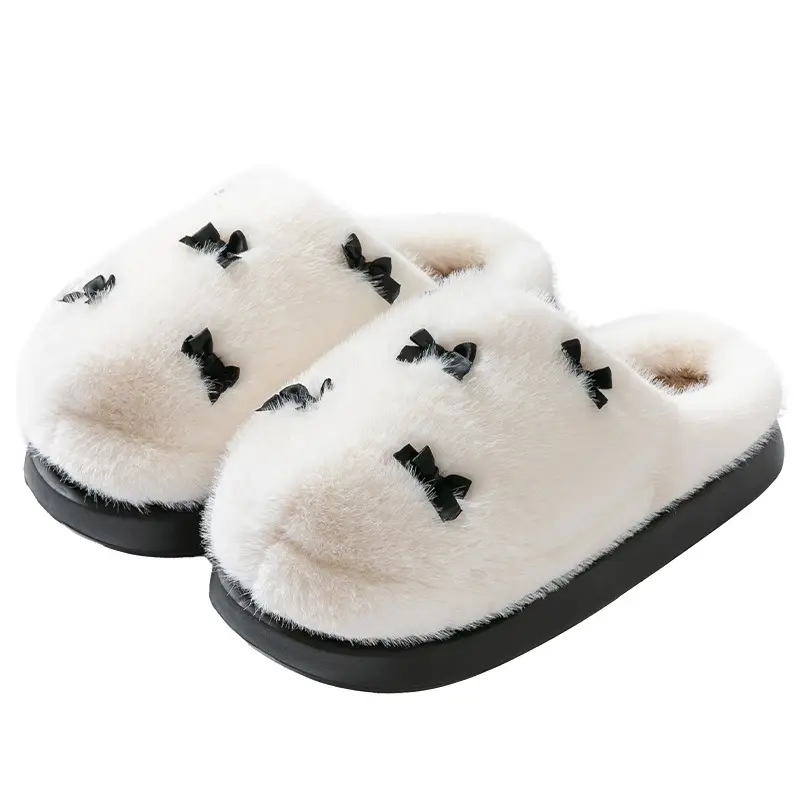 Pink Bow Cotton Slippers for Women Autumn Winter 2025