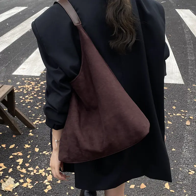 Women Velvet Shoulder Bag Brown Large Capacity - Image 7