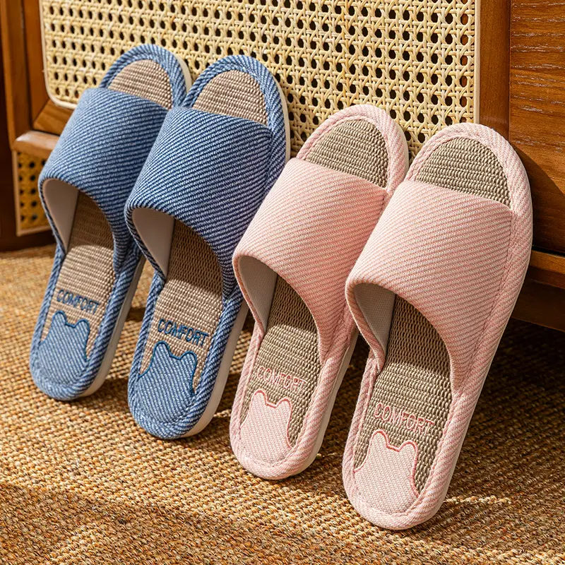 Four Seasons Non-Slip Skin Friendly Linen Sandal Slippers Autumn and Winter Cool Breathable Warm Home Plaid Mute Slippers - Image 6