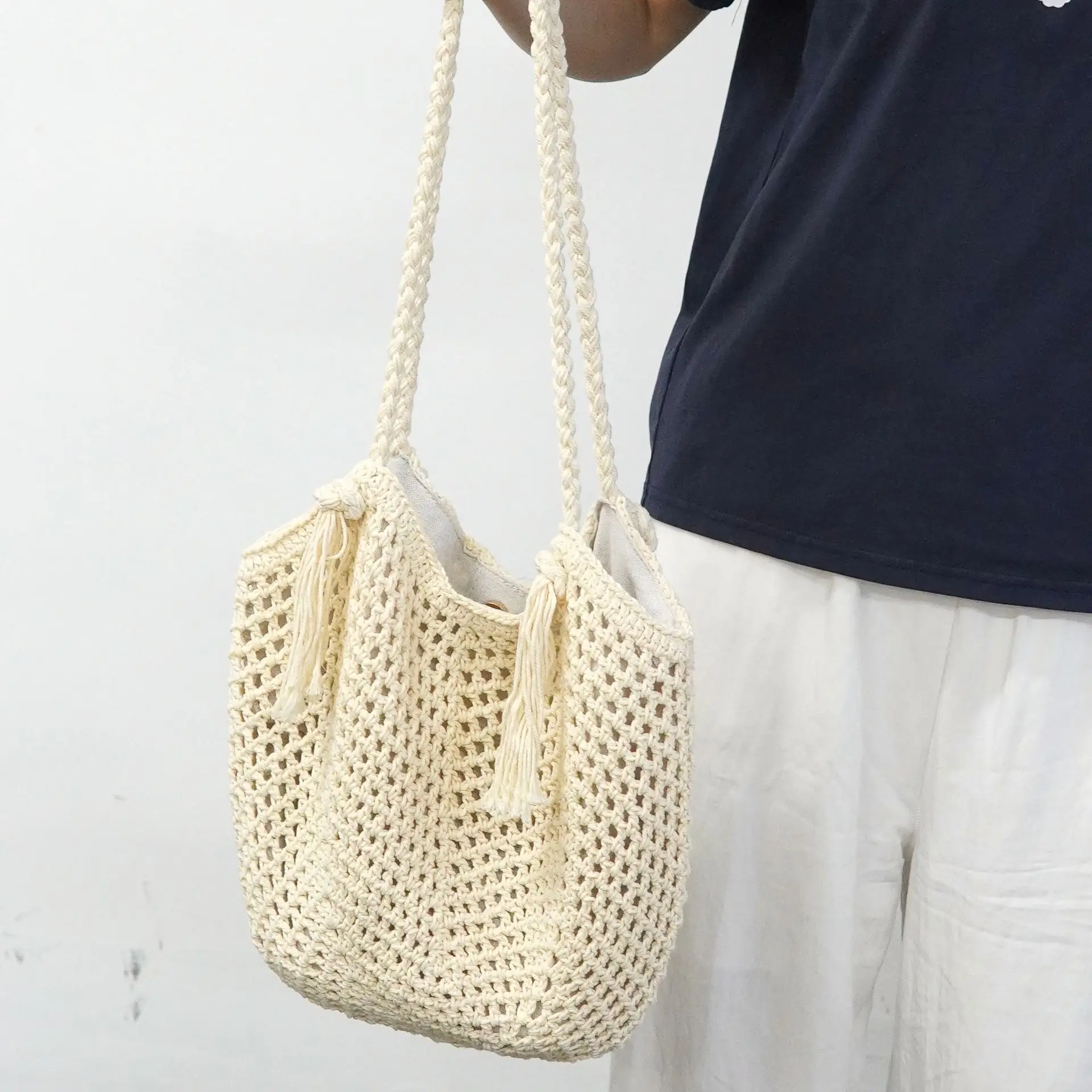 Women's Cotton Straw Shoulder Bag Large Capacity Lazy Style — feature 8