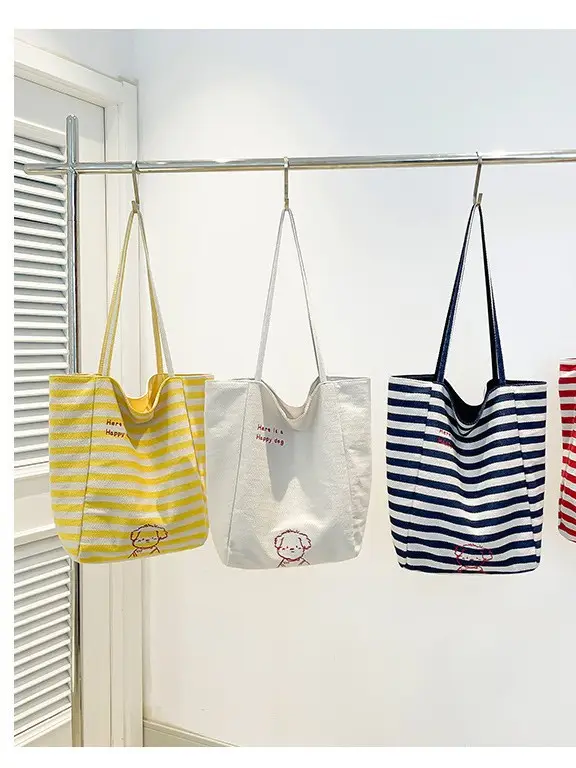 Striped Lazy Style Canvas Tote Bag Blue Large Capacity