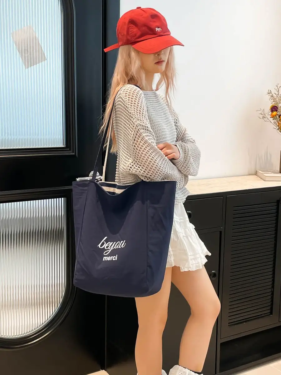 Striped Lazy Style Canvas Tote Bag Blue Large Capacity