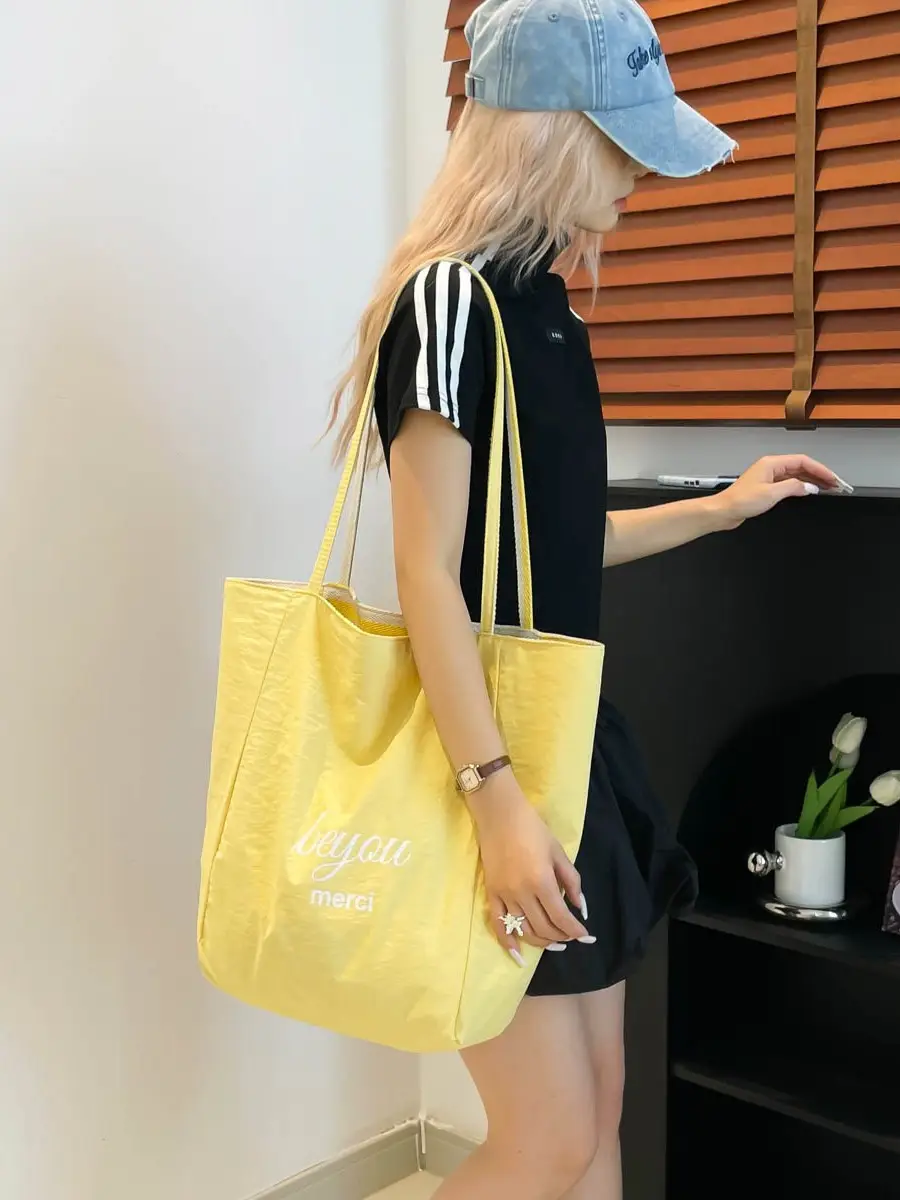 Striped Lazy Style Canvas Tote Bag Blue Large Capacity
